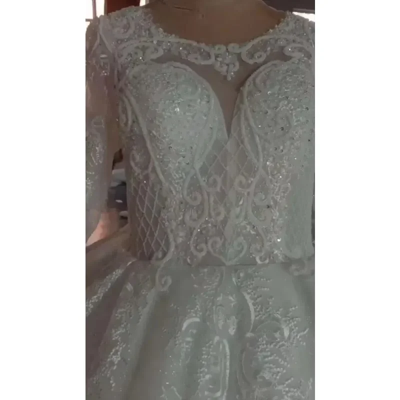 Customized Beautiful Scoop Neckline Beads Ballgown Wedding Dresses Vestido De Casamento Long Sleeves Luxury Puffy Bridal Gowns