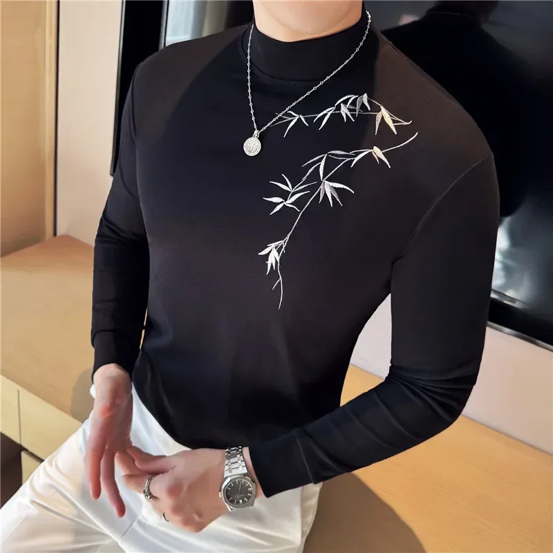 Retro Bamboo Embroidery Half Turtleneck T Shirt Men Long-sleeved Elastic Casual Mens Base Tee Tops Fashion Simple Men's Clothing