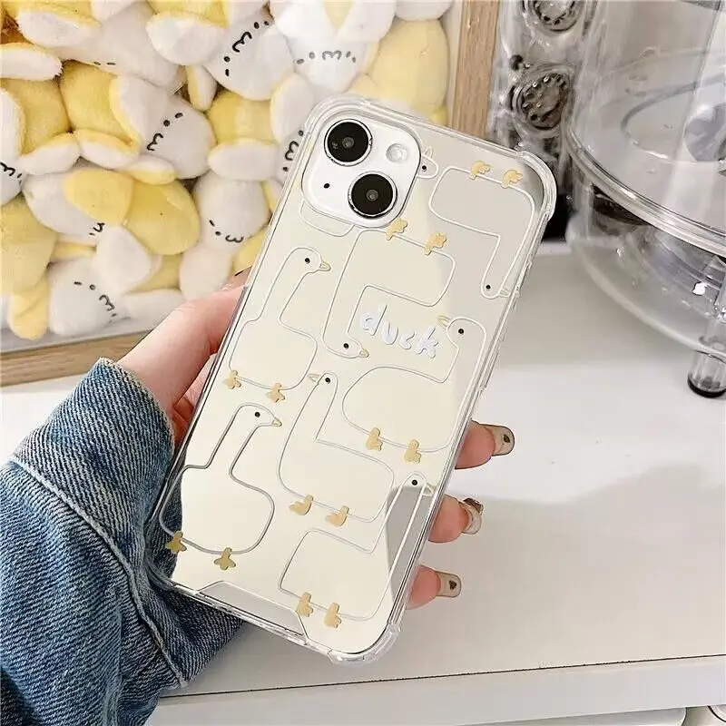 2023 Shockproof Makeup Mirror Phone Case For iPhone15 14 13 12 11Pro Max XS XR X 7 8 Plus Creative Duck Pattern With Lines Cover