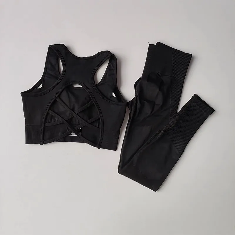 Yoga-Trainingsset für Damen, Rückenfreier Sport-BH mit Kreuzgurt, kombiniert mit Hüftstraffender und hochtaillierter Yoga-Fitnesshose – Detail 17