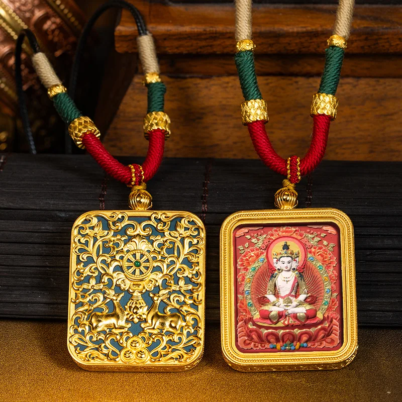 

Fashion Hand-painted Tangka Brass Gawu Box Pendants Vintage Tibetan Green Tara Zakirim Talisman Necklace Jewelry