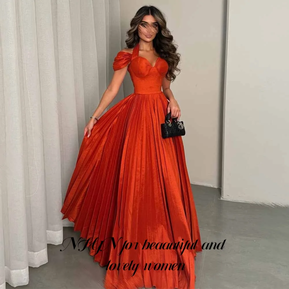 

NFYN Оранжевое платье трапециевидной формы для особых случаев со складками, атласные вечерние платья с лямкой на шее, вечернее платье с открытыми плечами по индивидуальному заказу