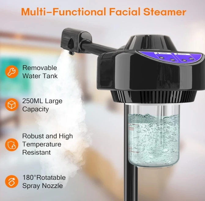 TT Hot Spray Ozone Face Clean Steamer Salon Sauna Vapor Vaporizer Black Facial Steamer With Stand and Wheels Skin Care Machine