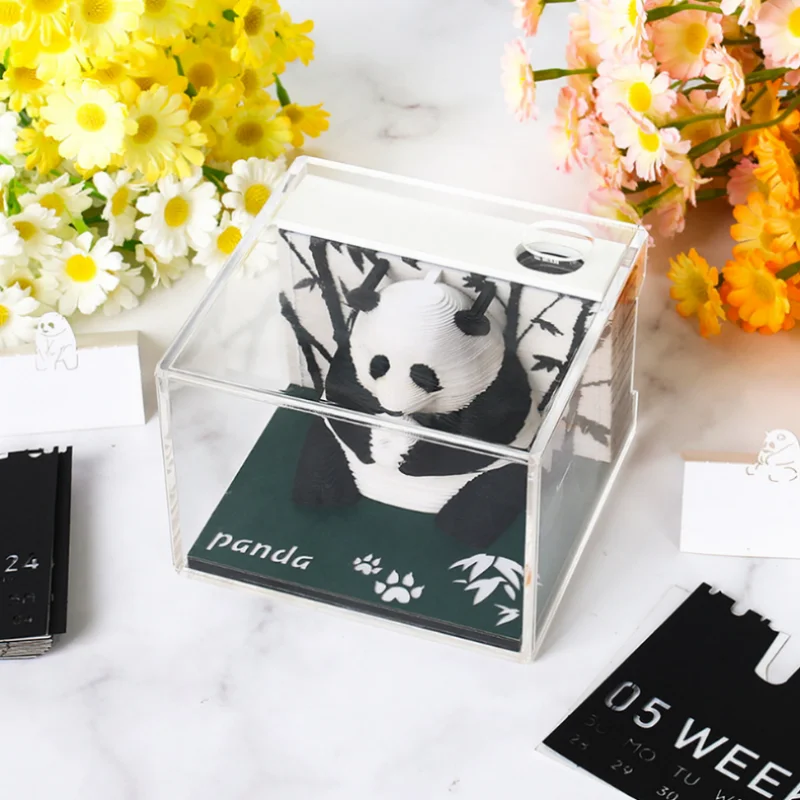 TimePiece 3D Calendar - Panda Edition 2025 3D Panda Paper Sculpture Model Sticky Notes Panda Note Book Pen Holder