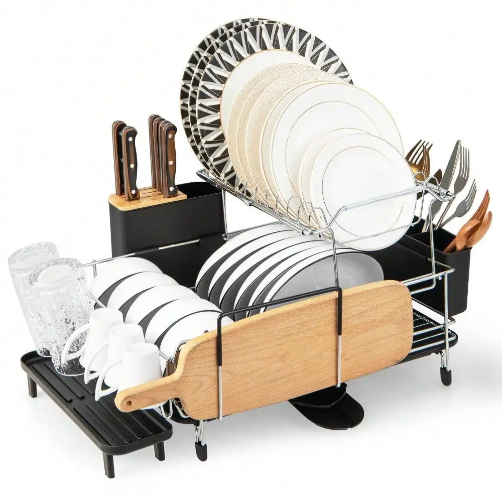 

2 Tier Dish Drying Rack Rustproof Dish Rack and Drainboard Set Kitchen Counter