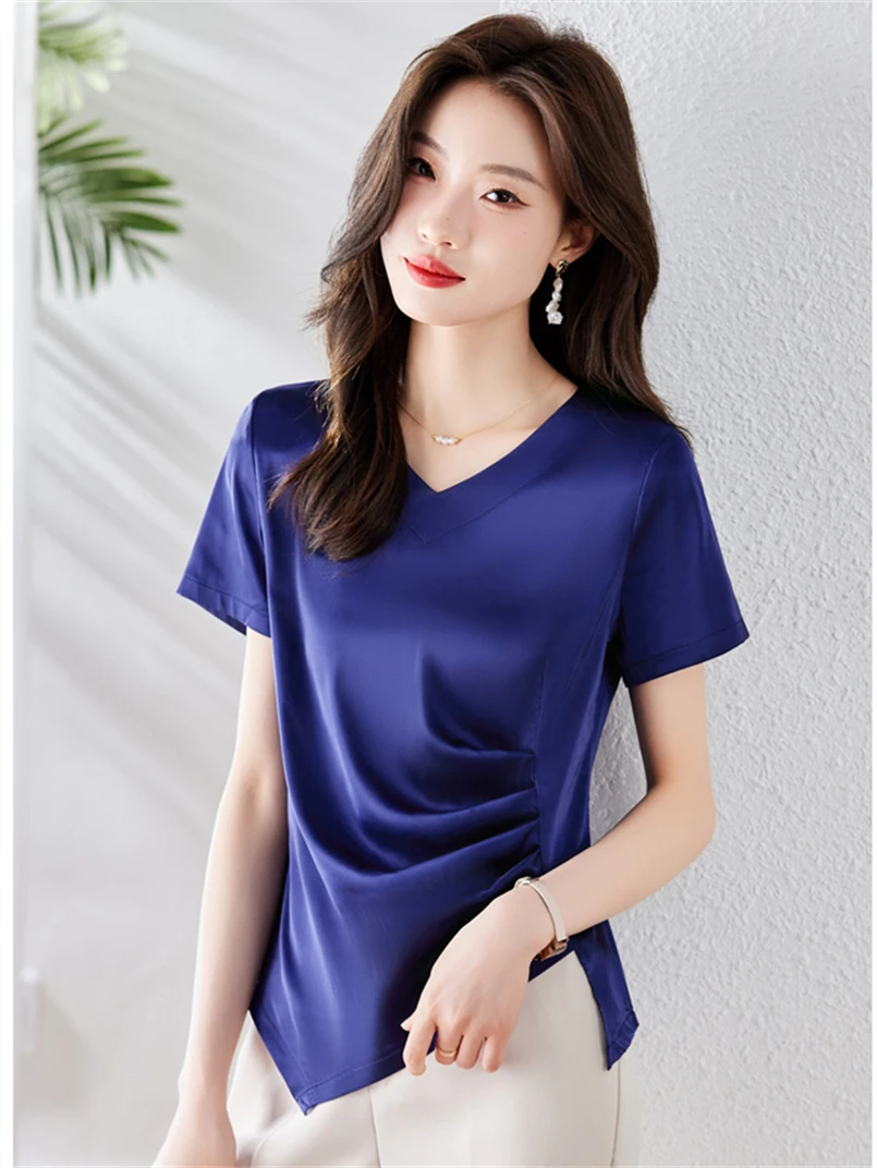 Elegant Summer Irregular Satin Shirts 2024 Autumn Silk Pullover V-Neck Slim Women Blouse plus size work wear Chic  blusas mujer