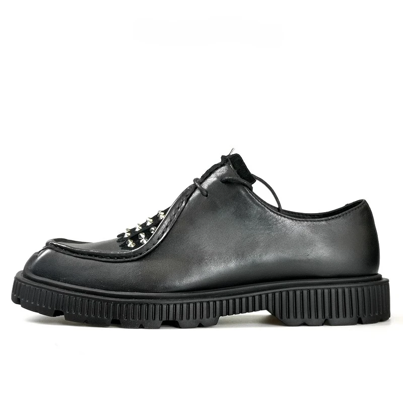 New Luxury Fashion Square Toe Casual Tassel Rivets Derby Shoes Men Genuine Leather Lace Up Wedding Cowhide Shoes Male Youth