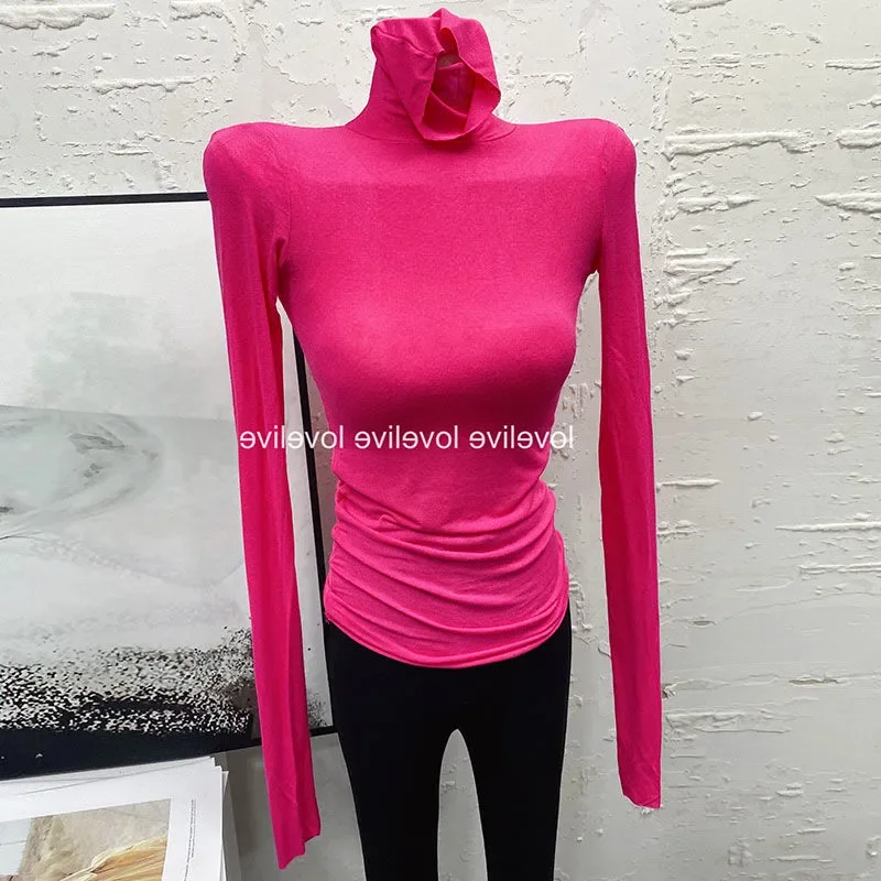

Женская модная блузка с высоким воротом, длинным рукавом, облегающая, с драпировкой, повседневная