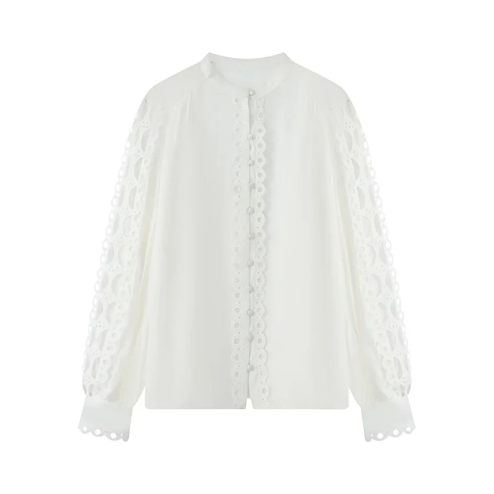 2025 Autumn new European and American style women's clothing fashion simple and versatile solid color lace trimmed top