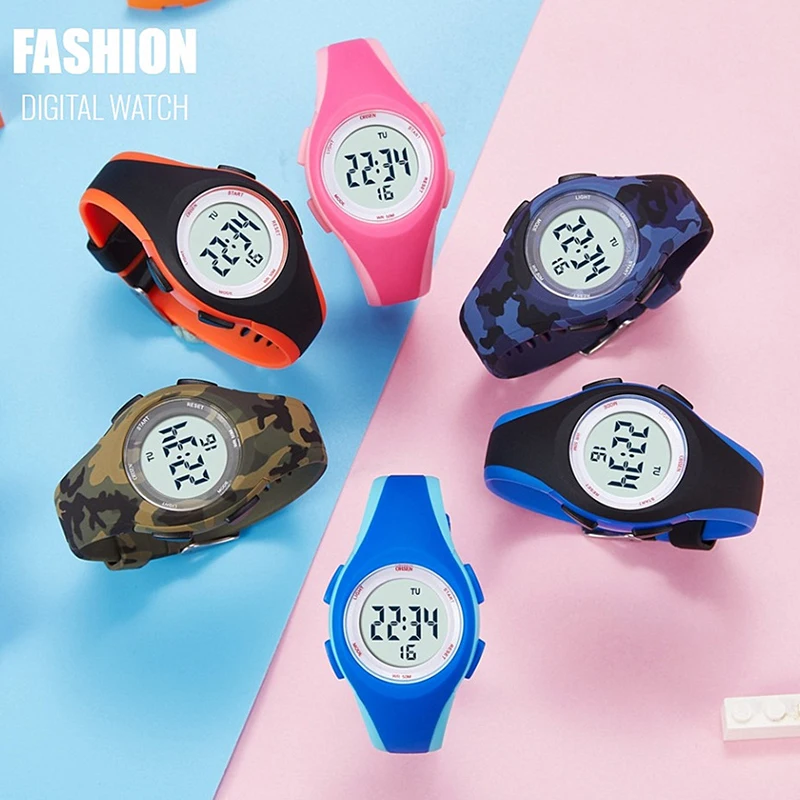 Camouflage Green Kids Sport Watches 50M Waterproof Blue Silicone Watch Children Electronic Wristwatches Stopwatch For Boys Girls