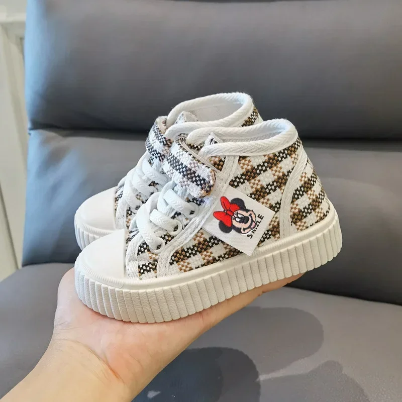 

Disney 2024 Autumn High Top Plaid Canvas Shoes Minnie Mouse Kindergarten Boys and Girls Shoes Children's Board Shoes