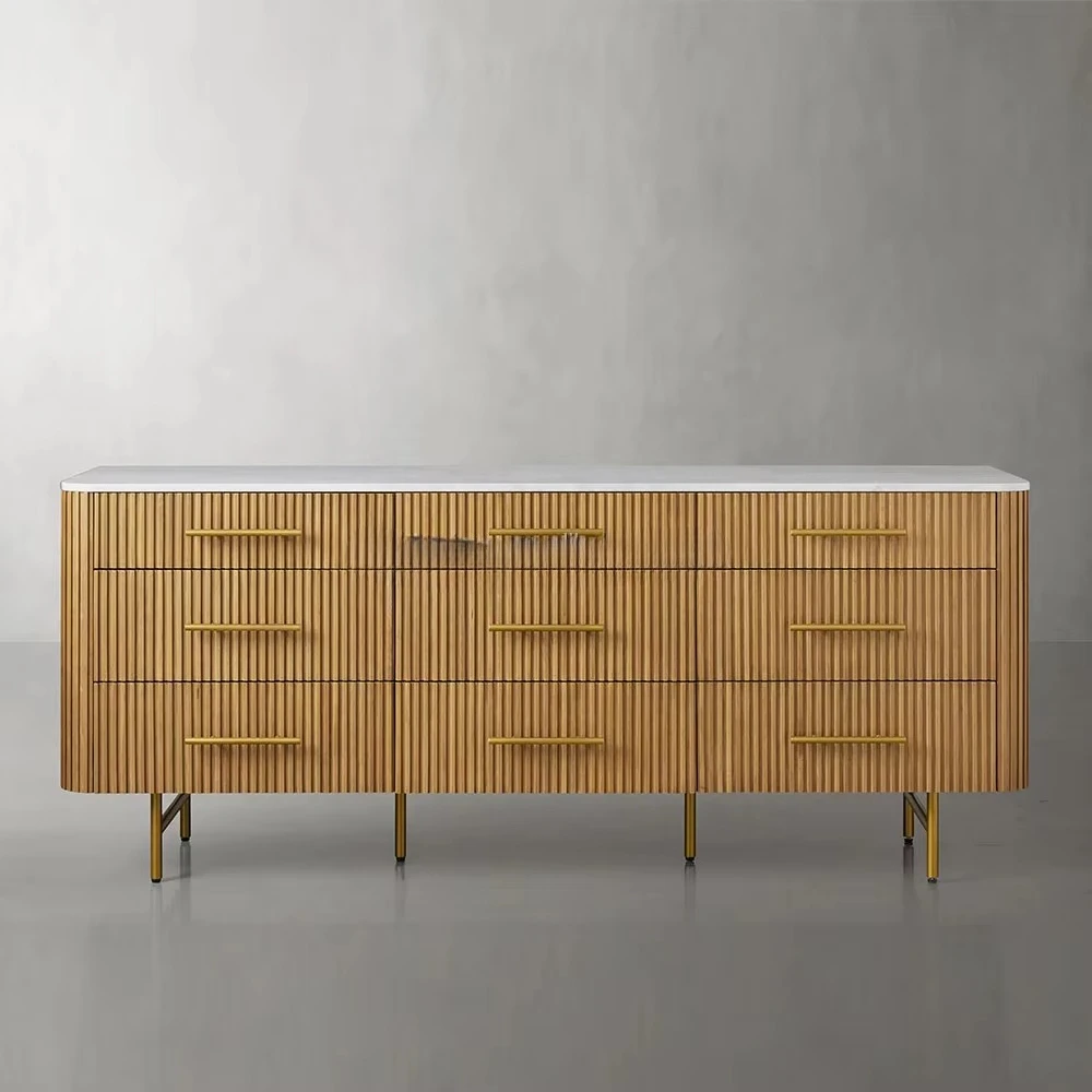 Modern Design Solid Oak Wood 9-Drawer Dresser with Stone Top High Quality Customizable Durable Bedroom Furniture Sets