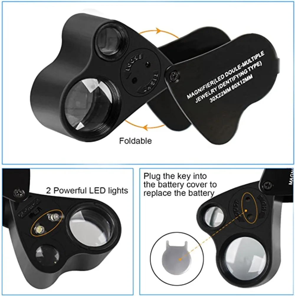 Imagem -05 - Lupa de Verificação de Dinheiro com Luz Led 30x 60x Portátil Lupa Jóias Coleção Antiga Avaliação Reparação de Placa de Circuito