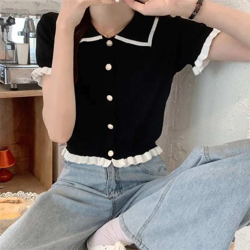 Shirts Woman Patchwork Elegant Retro Office Lady All-match Button Fashion Korean Butterfly-sleeve Simple Daily Ins Casual Summer