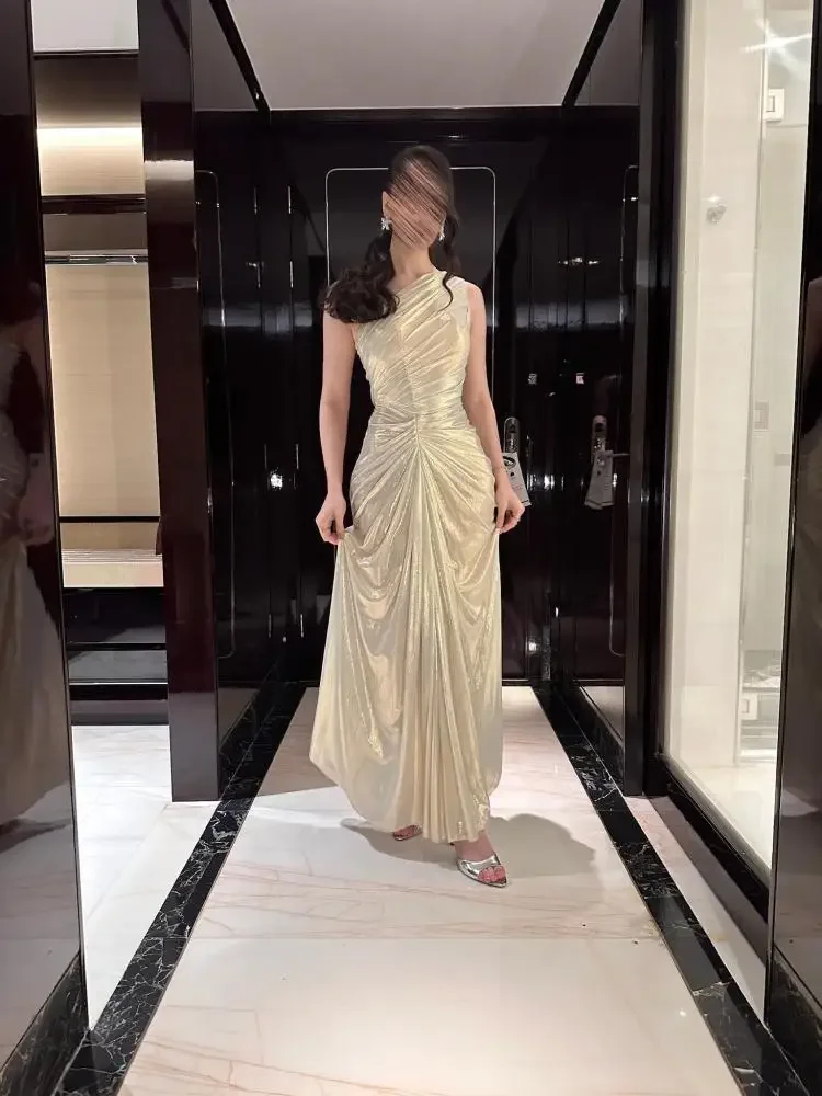 

Arabia Luxury Gold Metallic Evening Dresses One-Shoulder Ruched Fitted Gown For Gala Dinner فساتين سهرات