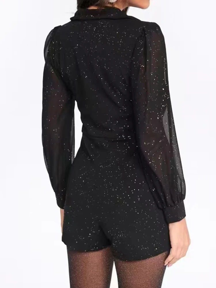 

Винтажные женские комбинезоны с длинными рукавами, элегантные короткие комбинезоны с высокой талией и v-образным вырезом, новые сетчатые комбинезоны в горошек с принтом