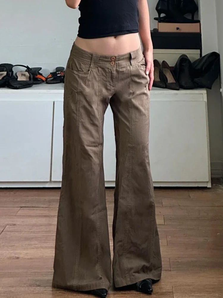 Deeptown American Style Vintage Low Waist Brown Pants Women Grunge Sexy Y2k Streetwear Hip Hop Loose Baggy Trousers E-girl 2024