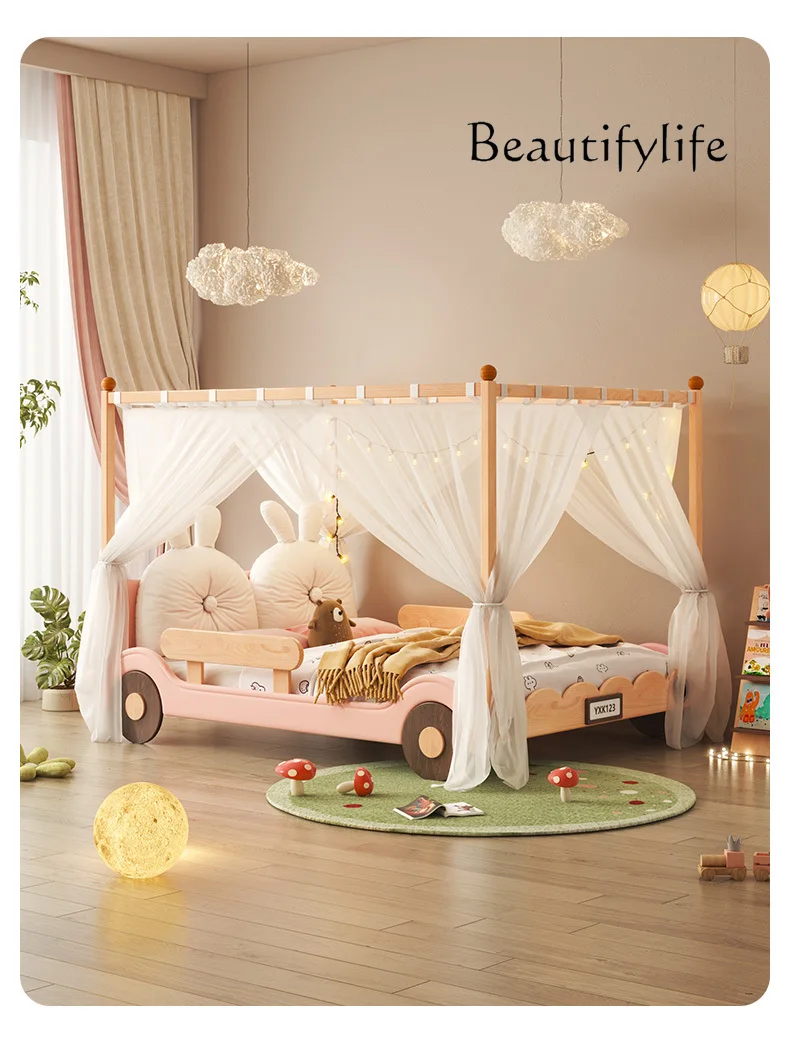 Running Lathe Solid Wood Children's Bed Girl Princess Bed with Fence Boy Tree House Bed Tent