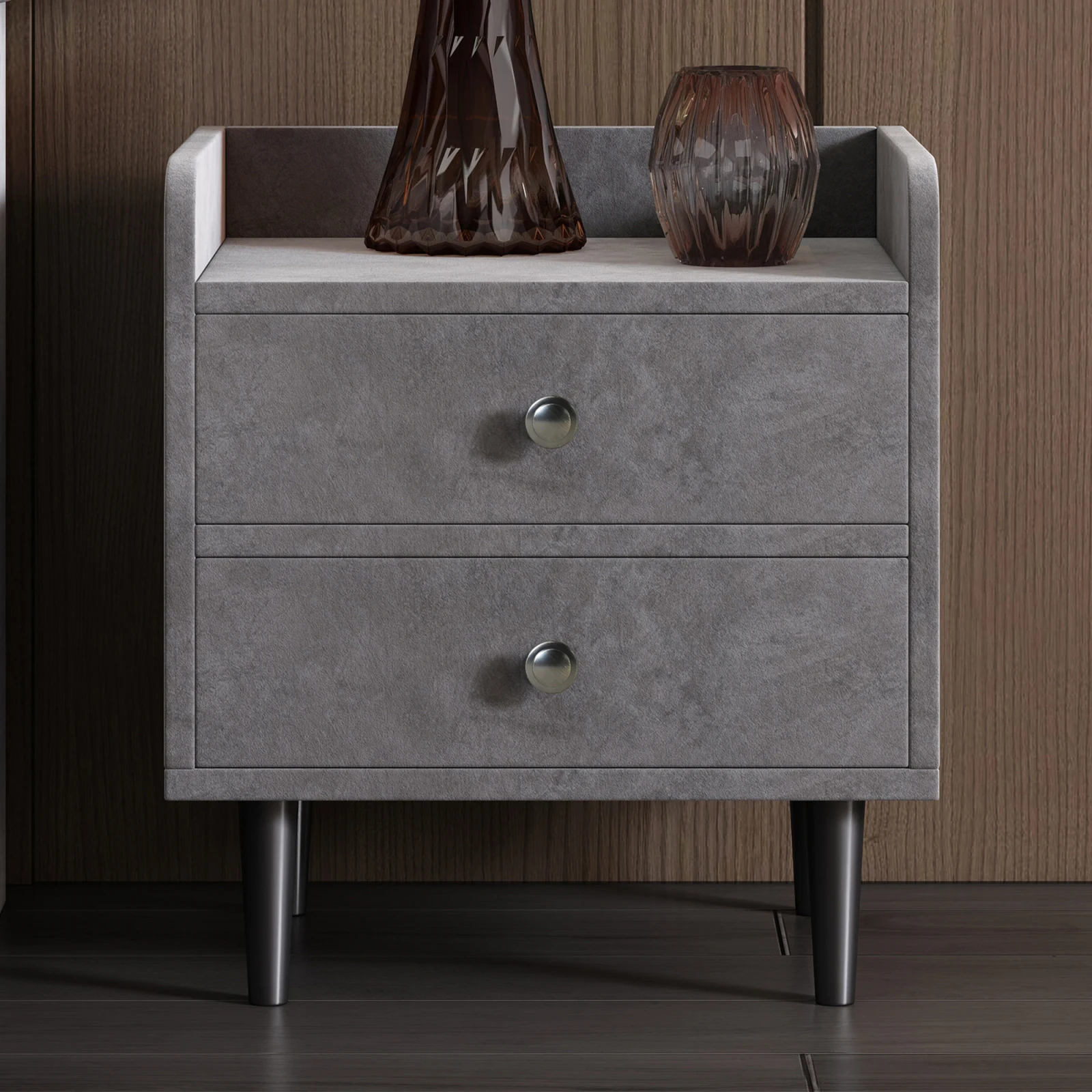 Upholstered bedside table with 2 drawers, with baffle, with metal handle, storage space in the living room and bedroom, velvet