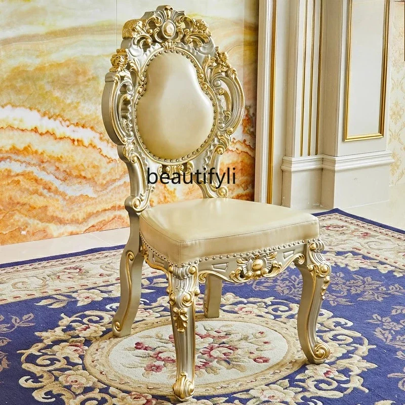 

B03 Leather dining chair American luxury full solid wood carving flower painted gold luxury restaurant dining chair