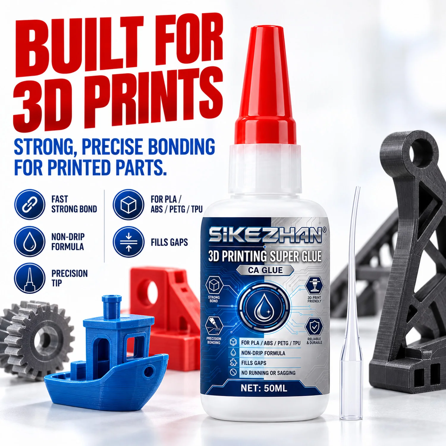 SIKEZHAN 50ml 3D Printing Super Glue CA Instant Adhesive for PLA ABS PETG TPU Strong Bond Non-Drip Precision Tip Gap Filling
