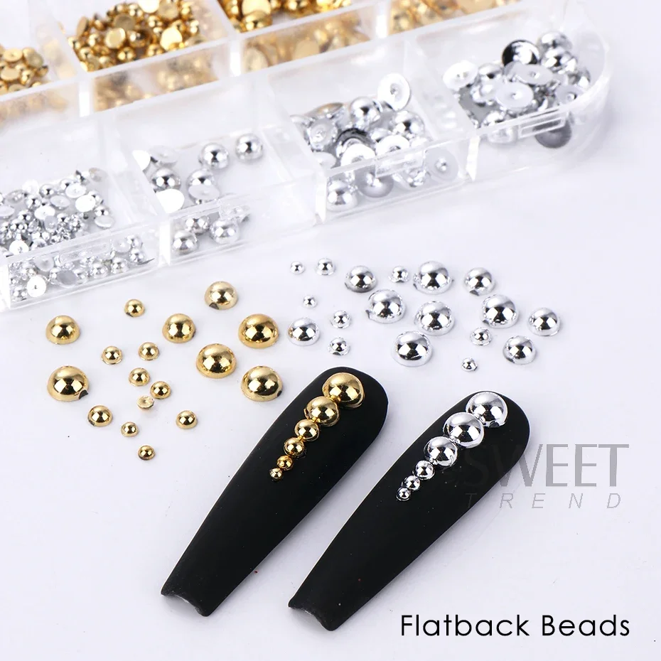 12 Grids Gold Silver Pearl Beads Nail Charms Half Round Flatback Ball Jewelry Metal Semicircle DIY Accessories Craft Decoration