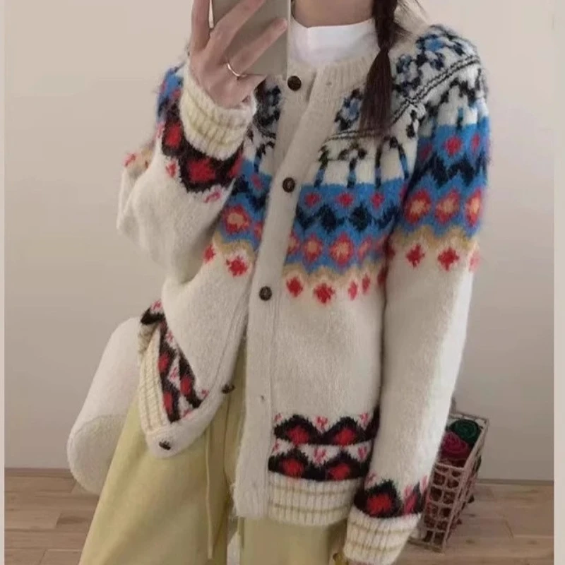 

Cardigan Women Sweaters Coats Zipper Round Neck Full Sleeve Jumpers Y2k Streetwear Elegant Splice Knit Open Stith Autumn Winter