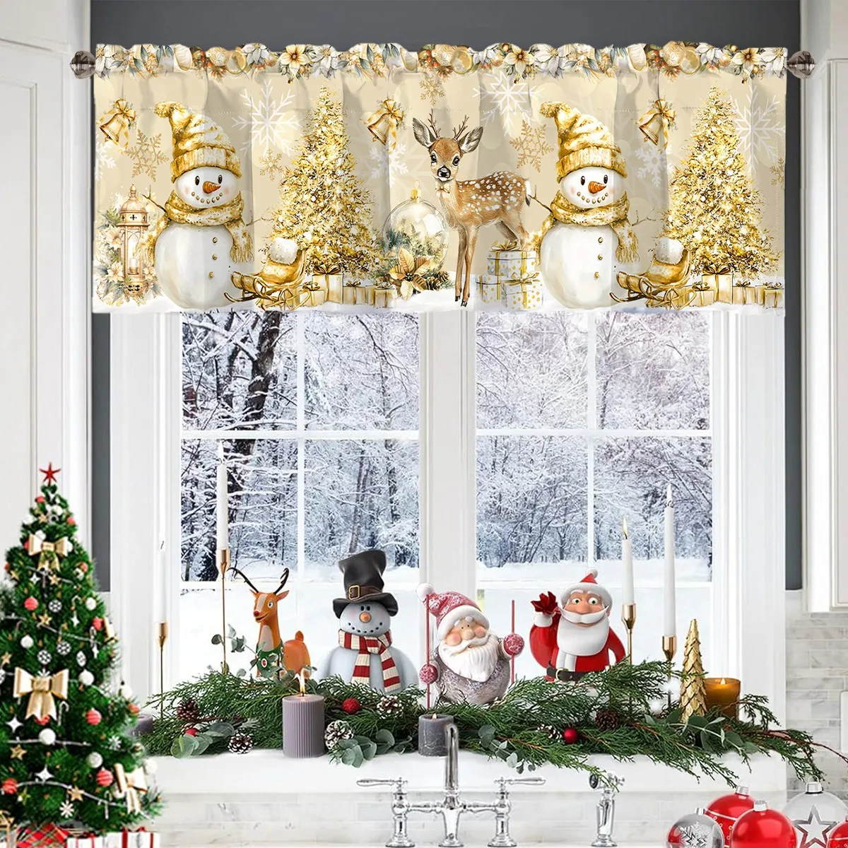 Pink Christmas Short Curtains Valances Christmas Decoration for Home 2025 Windows Treatments Xmas Ornaments for Kitchen Bedroom