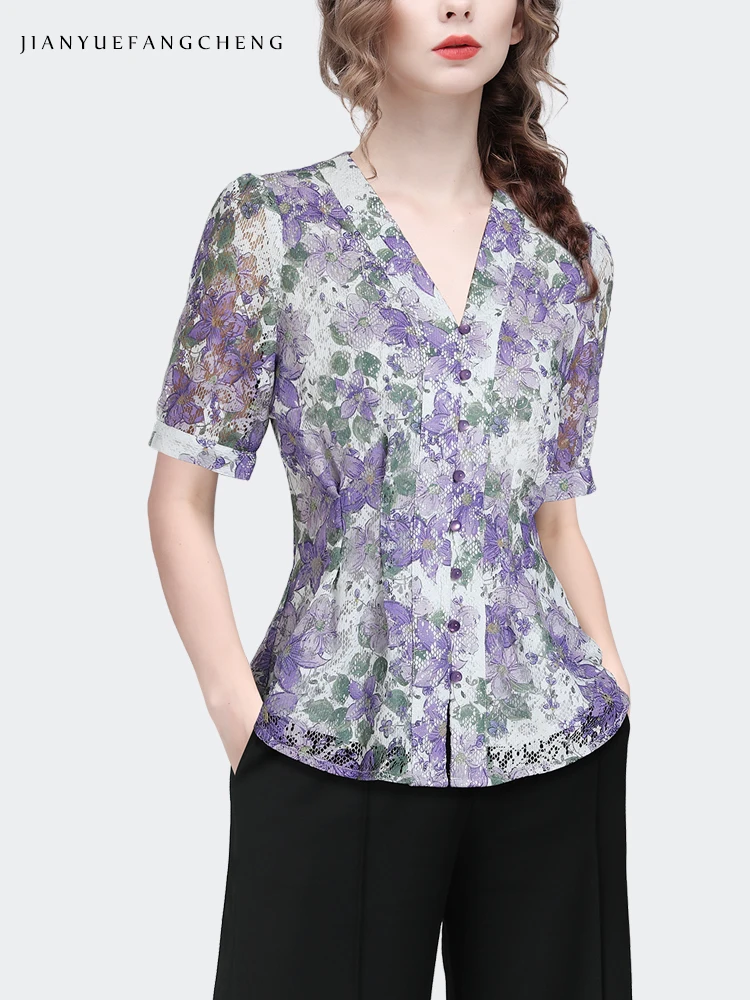 2024 Summer Full-body Purple Floral Printed Lace Top Women Short Sleeve V-Neck Elegant Skinny Printed Shirts Vintage Blouses