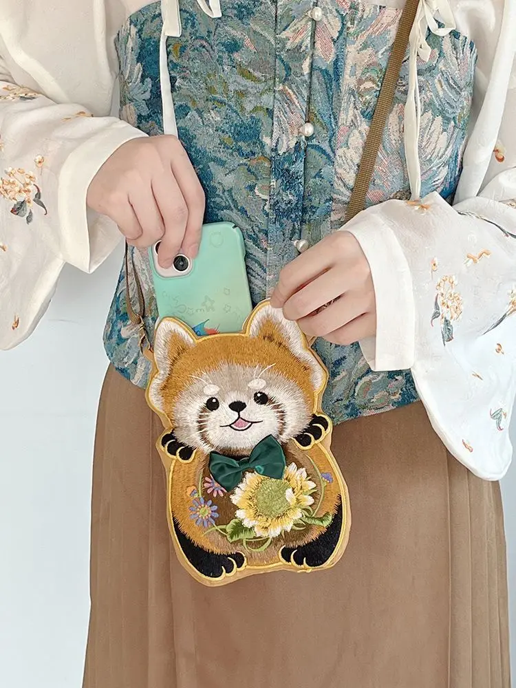 New Embroidery Crossbody Bag Ancient Style Hanfu Matching Panda Bag Women Mobile Phone Shoulder Bag Cotton and Linen Purse