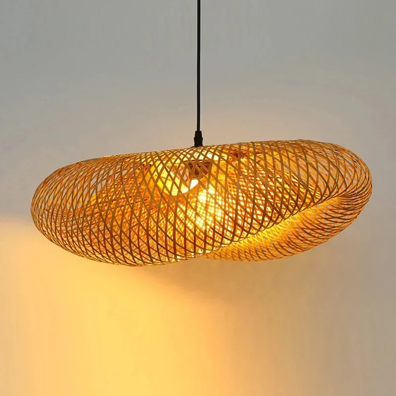 Tecelagem de bambu led pingente luz artesanal do vintage casa pendurado lustre iluminação sala estar cozinha rattan tecido luminária