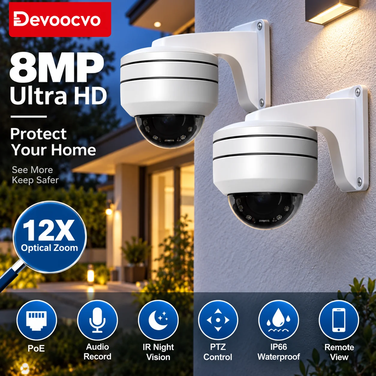 Due telecamere dome PTZ 4K POE da 8 MP per esterni, impermeabili, dotate di zoom 12X e 10X, rilevamento umano 5MP, visione notturna e registrazione audio integrata, che offrono una soluzione di