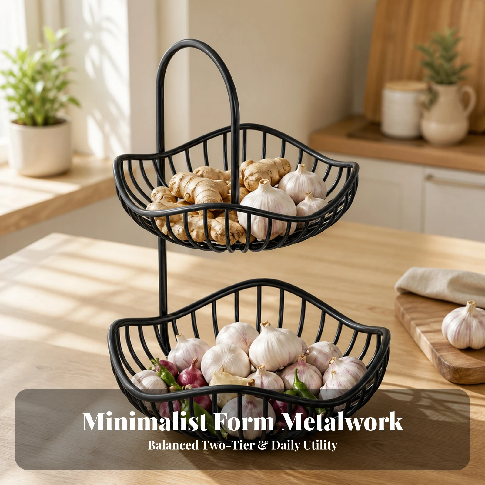 2-Tier Fruit Basket Kitchen Countertop Organizer Storage Rack Long-Lasting Holder Metal