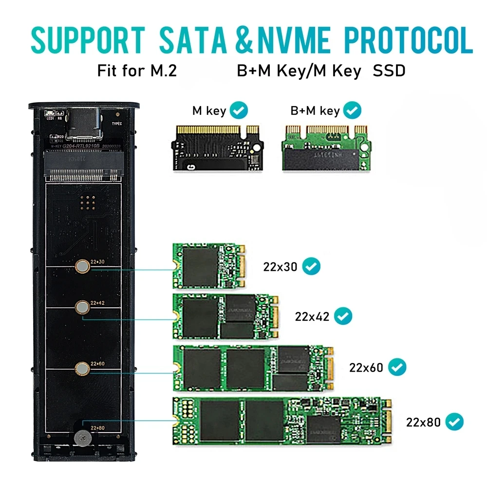 M2 SSD Case Enclosure Dual Protocol M.2 SATA NVME to USB Adapter 10Gbps USB3.1 Gen2 USB C External Box Support 2230-2280 M.2 SSD