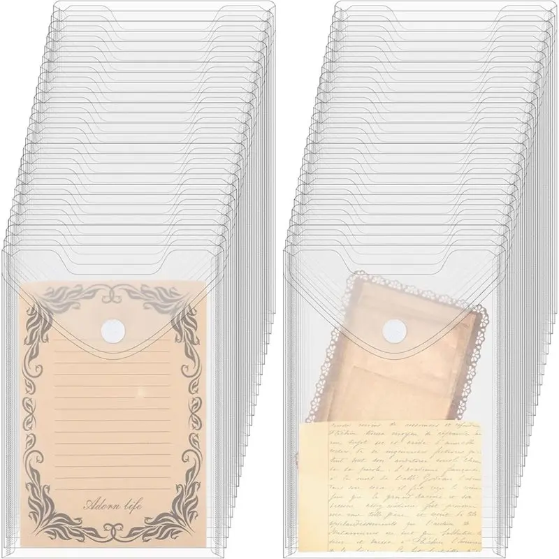 AB34-50Pack 7X9.8''Clear Plastic Envelopes Hook Loop Closure Receipt Stickers Storage Holder Reusable Small Plastic Envelope
