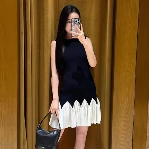 Vestido feminino preto patchwork malha sem mangas em camadas com babados mini vestido justo