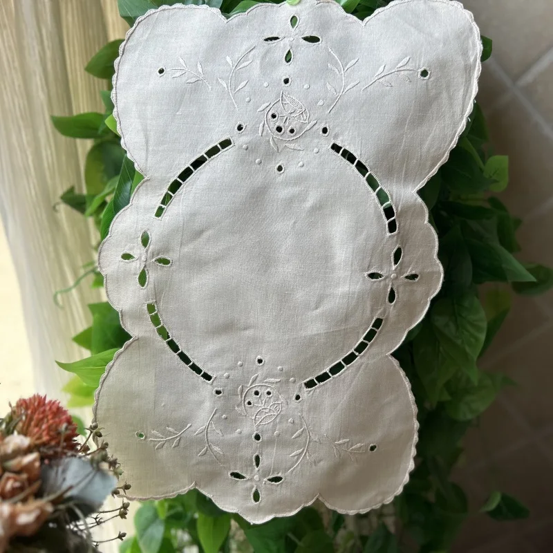 2 peças toalha de mesa bordada à mão de algodão e linho bege, toalha de chá e lenço decorativo