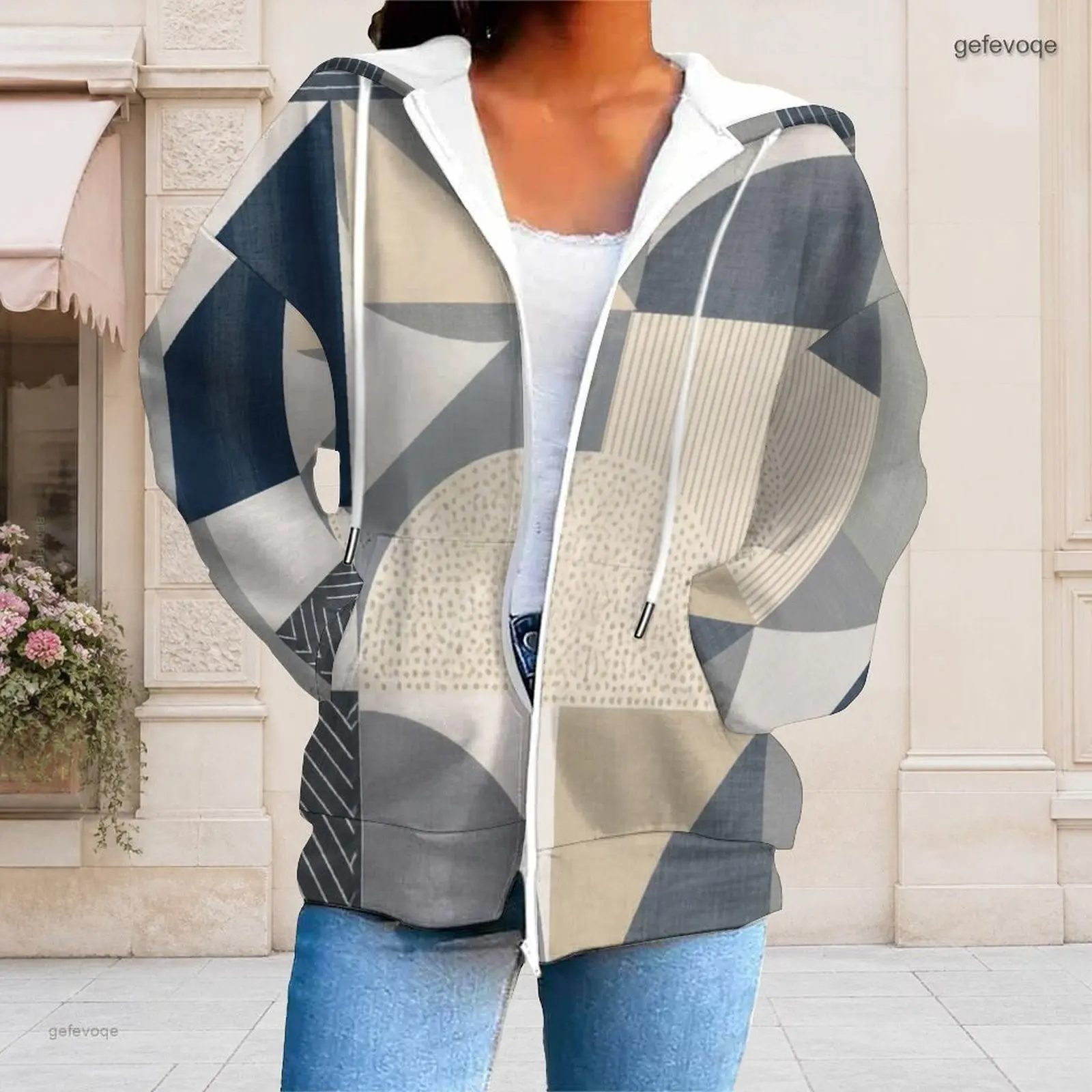 Women Geometric Circle Diamond Printed Zip Up Long Sleeve Hoodie with Drawstring and Pockets