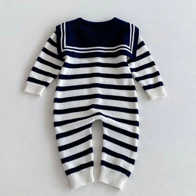 2024 New Autumn Children Clothes Infant Baby Girls Knitted Jumpsuit Long Sleeved Stripes Navy Style Toddler Baby Girl Romper