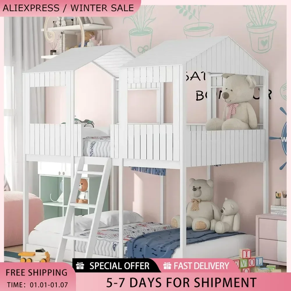 Full Over Full Bunk Bed, Wood Full House Bed Loft Bed Bedroom Furniture with Window Roof Guardrail & Ladder Bed Frames