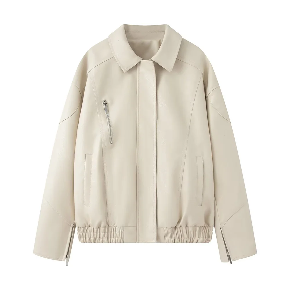 Damenbekleidung im europäischen und amerikanischen Stil, neue Mode, vielseitige, einfarbige, langärmelige, lockere Lederjacke mit Revers