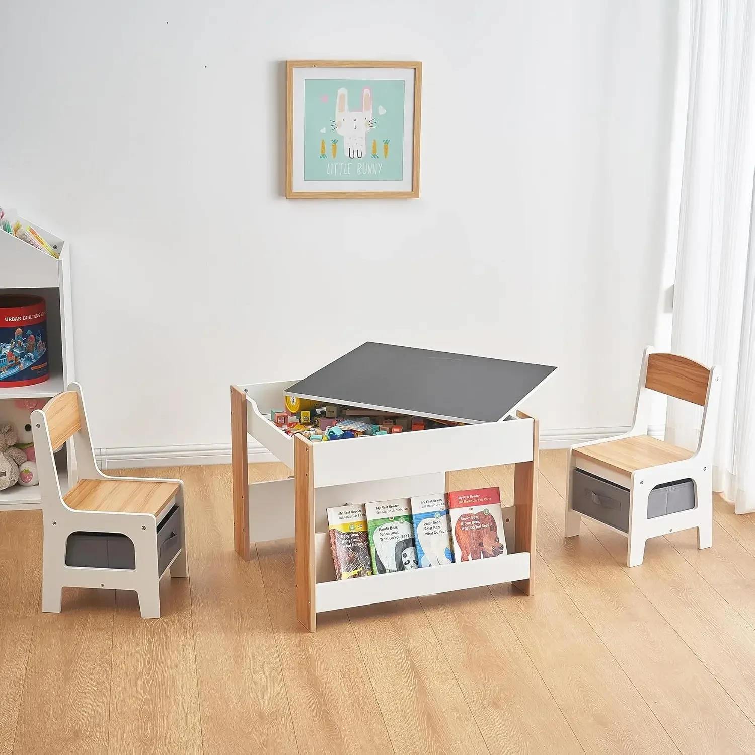 Kids Table and Chair Set,4 in 1 Toddler Desk with Storage Drawer,Wooden Activity Table for 2 in 1 Detachable Tabletop,Bookshelf,
