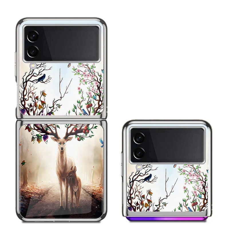 Z Flip 4 Funda Case for Samsung Galaxy Z Flip 4 Z Flip 3 2 Color Elk Plating Tempered Glass Coque Protection Phone Case Cover