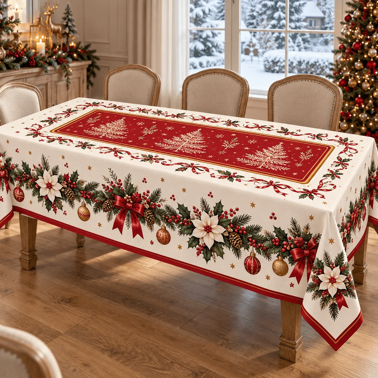 1 square tablecloth, with a Christmas atmosphere! Off-white background with red and Christmas tree, holly pine branches