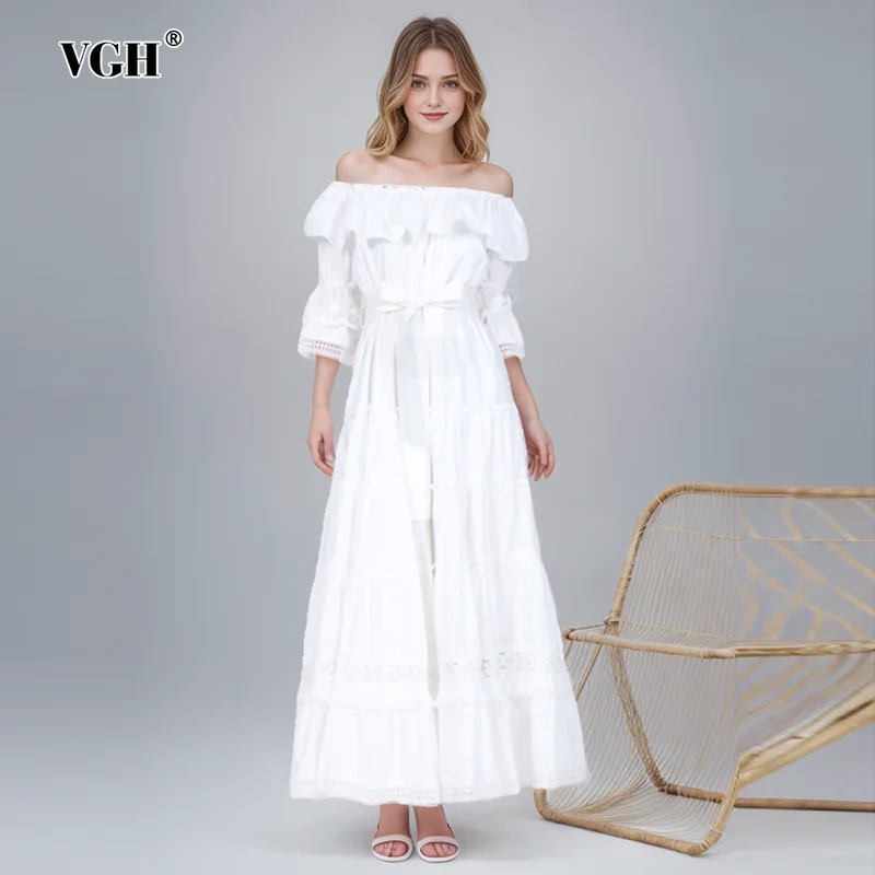 

VGH Solid Patchwork Lace Up Elegant Dresses For Women Slash Neck Short Sleeve High Waist Hollow Out Backless Dress Female New