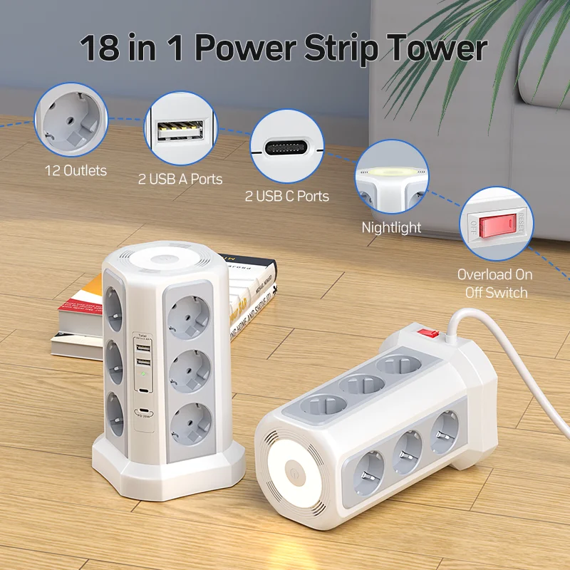 Multi-Socket Surge Protector, 4000 W, 16 A, z 2 portami USB A i 2 portami USB C, przedłużacz 1,8 m, szary model z lampką nocną