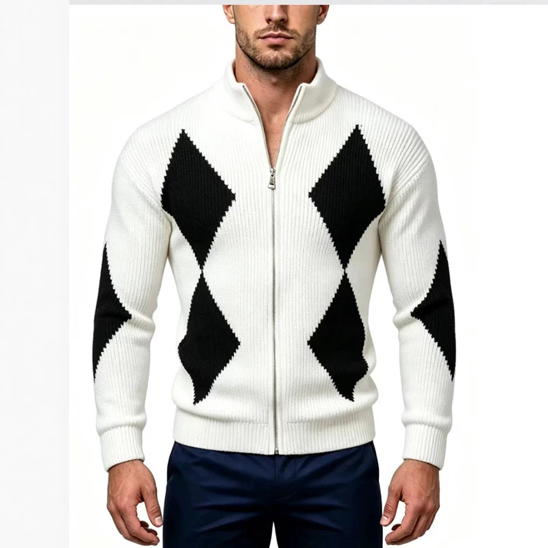 2026 Autumn Zipper Knit Outerwear Mens Trendy Breathable Sweater Coats Men Daily Casual Contrast Color Long Sleeve Cardigan
