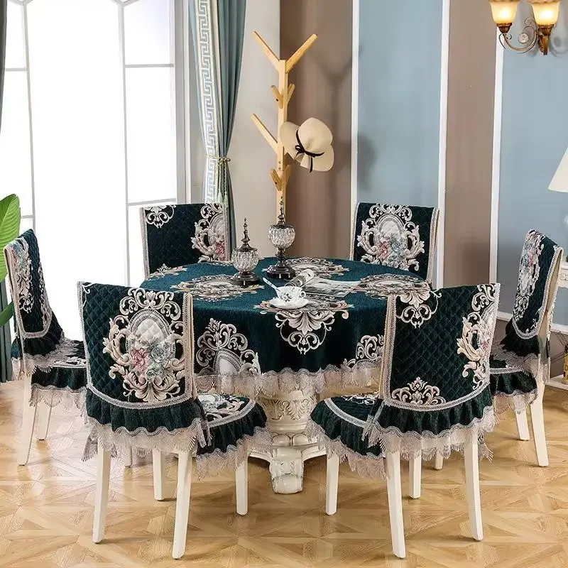 European Style Velvet Tablecloth Connected Chair Cover Lace Edge Integrated Stool Cover Round Table Cloth Thickened Cushion