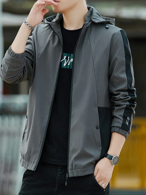 Men's Casual Hooded Jaet Spring Autumn Workwear Detachable Hat Versatile Outerwear Polyester Fiber Stand Fit Zipper Closure