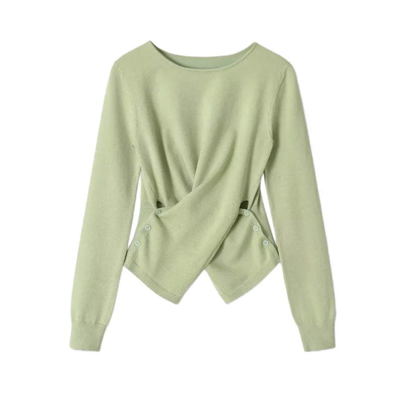 Withered Women's 2026 Summer New Product Fashion Long Sleeve Round Neck Asymmetric Hemp Knitted Shirt
